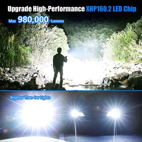 Beast Bright 980,000 Lumen Rechargeable LED Flashlight XHP1602 illuminates outdoor landscape, surpassing car headlights in brightness