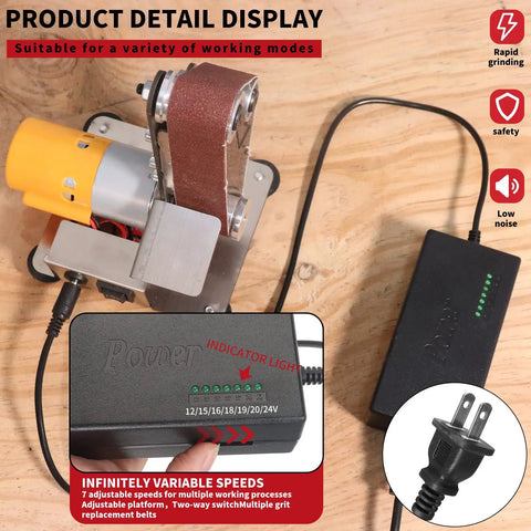 Mini Electric Belt Sander Knife Sharpener Bench Grinder With Polishing Wheel showing speed control and sanding belt.