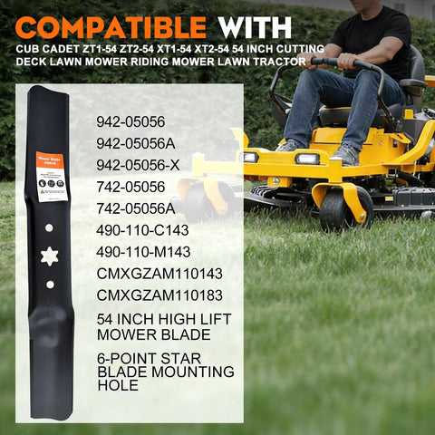 3-Pack High Lift Mower Blades 6-Point Star Set For Cub Cadet ZT1 54 Inch Cutting Deck Lawn Mower Models shown with compatibility chart