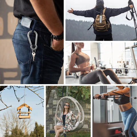 Small galvanized iron carabiner clip, 1.57 in, 32-pack, attached to a jeans belt loop with keys