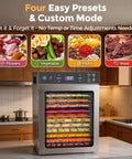 Hella Spacious 12 Tray Food Dehydrator With Stainless Steel Racks displaying colorful dried fruits and jerky options.