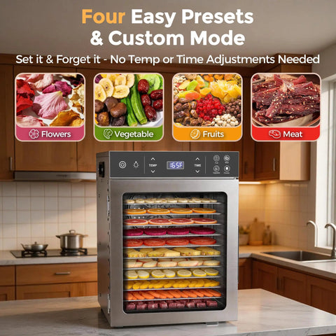 Hella Spacious 12 Tray Food Dehydrator With Stainless Steel Racks displaying colorful dried fruits and jerky options.