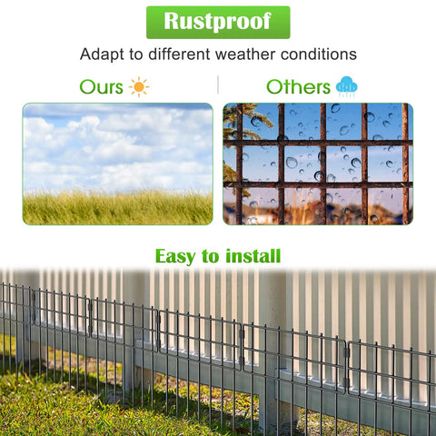 Comparison of rustproof Set Of 25 No Dig Garden Fence Panels, Rustproof Metal Wire, 17 Inches High By 27 Feet Long, installed in yard.