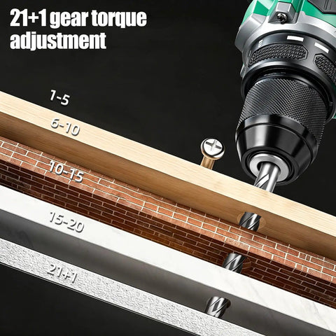 Boss Grade Brushless Cordless Drill Driver With Quick Swap Metal Keyless Chuck Twenty One Torque Levels Two Speed Switches For Smooth Handling And Zero Stress Home Fixes showing 21+1 torque adjustment on various materials.
