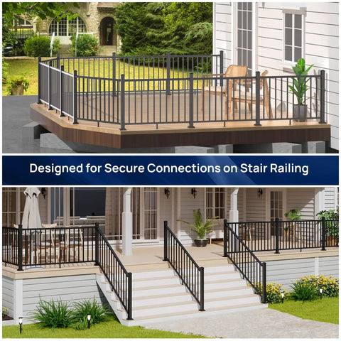 4 Pack Aluminum Adjustable Railing Bracket Connectors With Drill Bit For Outdoor Decks Porches And Balconies, shown on house stairs and deck