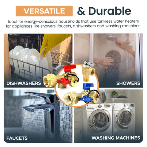 Tankless Water Heater Isolation Valve Kit Three Quarter Inch Complete Brass shown with appliances: dishwasher, shower, faucet, washing machine