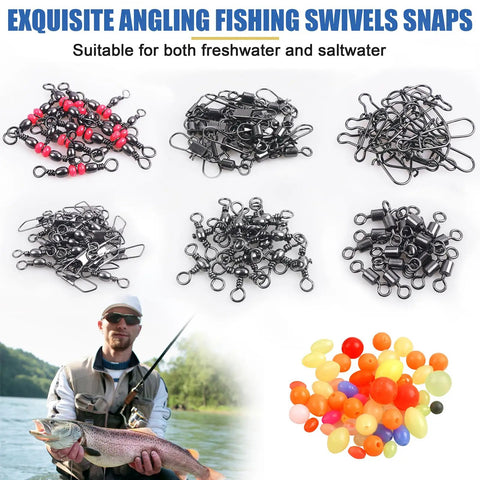 Must Have Pocket Fishing Kit With 140 Pcs Swivels And Snaps, 6 High Strength Types Plus Beads, Heavy Duty Metal Construction Stored In Clear Plastic Box For Quick Access On Freshwater And Saltwater Angling, assorted swivels and beads