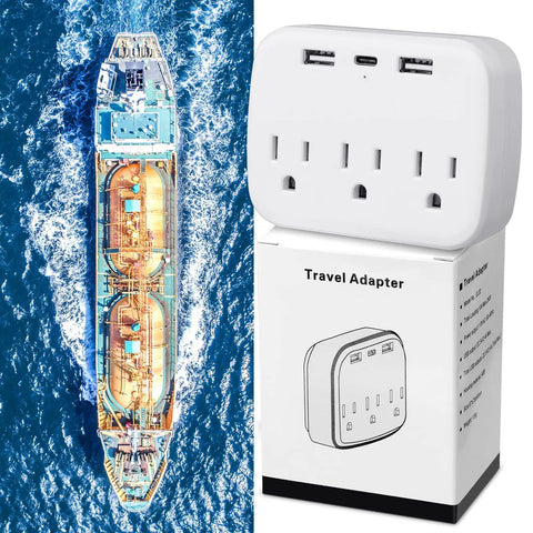 2 Piece Cruise Power Strip With USB Ports Travel Adapter for Cruise Ship Essentials and packaging beside cruise ship view