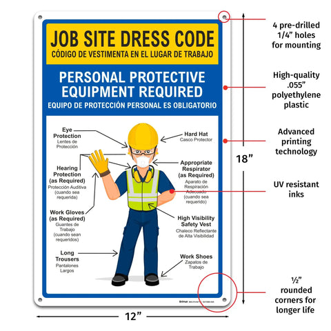 Front view of a 12 By 18 Inch Must Have Bilingual Job Site Dress Code Sign With English And Spanish PPE Warning Durable 0.055 Inch Polyethylene Plastic Bold Text Weatherproof And Easy Installation For Construction Sites showing dress code details