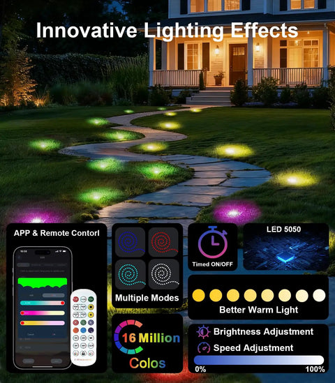 Outdoor path lit with 100Ft LED Strip Lights For Bedroom With Music Sync Color Changing RGB 5050, Remote And App Control.