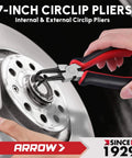 Using 7-inch circlip pliers for auto repair, focused on internal and external circlip removal, with red handle grips.