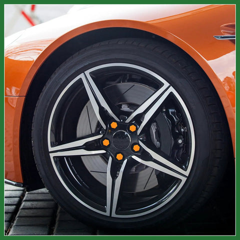 Orange Silicone Wheel Nut Lug Cap Set 21mm Universal Fits Most Cars 20 Pack Durable Rim Bolt Covers installed on wheel
