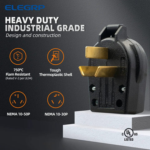 Heavy Duty NEMA 10 30P and 10 50P angle plug with brass contacts, high impact thermoplastic shell, UL listed