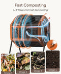 Bright orange 43 gallon dual chamber compost bin with built in nuts and thermometer, four stages of composting process shown.