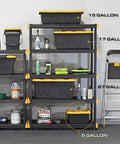 Heavy Duty 5 Gallon Stackable Storage Bins With Lids, Weather Resistant Plastic Organizer Set, 6 Pack For Home Garage Basement Attic Closet And More, Durable And Space Saving on shelf
