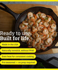 Shrimp cooking in Seasoned Cast Iron Skillet 10.25 Inch Ready For Any Kitchen Or Campfire Sear With Natural Nonstick Finish Preseasoned