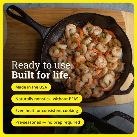 Shrimp cooking in Seasoned Cast Iron Skillet 10.25 Inch Ready For Any Kitchen Or Campfire Sear With Natural Nonstick Finish Preseasoned