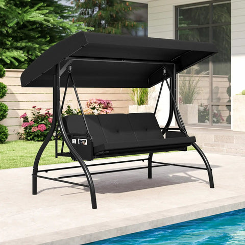 Three Person Outdoor Porch Swing With 2 In 1 Convertible Design From Chair To Lounger For Chill Sessions, Adjustable Canopy