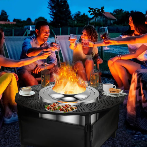 Group enjoying evening around 37 Inch Fire Pit Surround Tabletop For Solo Stove Bonfire Ranger 2.0 With Circular Safety Barrier And Heat Insulation Base