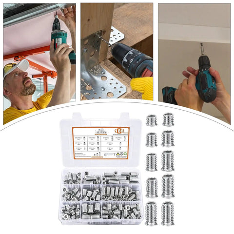 Premium Quality Heavy Duty Threaded Inserts For Wood With Precision Pre Drilled Socket Connectors And Hex Wrench Fasteners in display box.