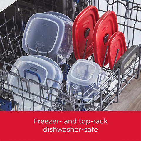 42 Piece Food Storage Containers With Lids Set For Kitchen Organization in dishwasher showing BPA-free, dishwasher safe, vented lids.