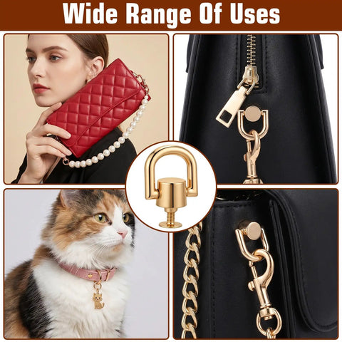 8 Pack D Rings For Purses With Punch Kit 360 Degree Rotatable gold bag hardware on purses and a pet collar