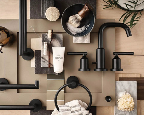 Matte black bathroom accessories including 24 Inch Modern Double Towel Bar In Matte Black For A Sleek Bathroom Upgrade on display