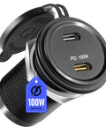 Beast Mode 120W Dual Port Car Charger With 100W PD3.0 Type C Fast Charging Socket and 20W USB A Outlet close-up view showing dual ports and power tag.