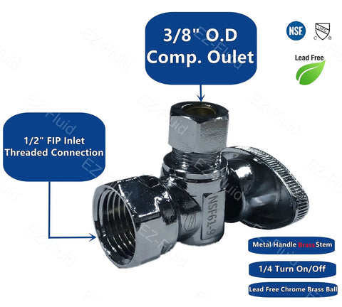 10-Pack Lead-Free Chrome Brass Angle Stop Valve With 1/2 FIP X 3/8 OD Compression, 1/4 Turn Shutoff Handle for Faucets, Toilets and Sinks