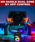 Jeep with Five Sided RGB Rock Lights Kit For Trucks Jeep UTV SUV ATV Golf Cart With Music Mode And App Remote Control, lit at night