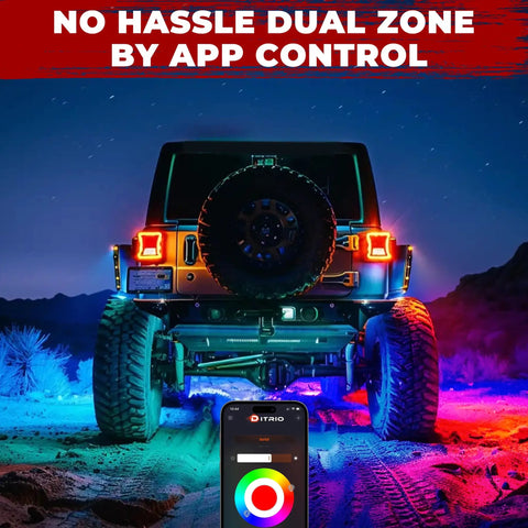 Jeep with Five Sided RGB Rock Lights Kit For Trucks Jeep UTV SUV ATV Golf Cart With Music Mode And App Remote Control, lit at night