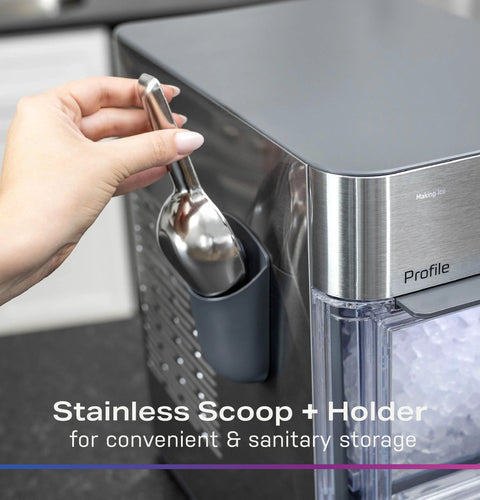Stainless steel ice scoop in magnetic holder mounted on the side of a GE Profile Opal Nugget Ice Maker