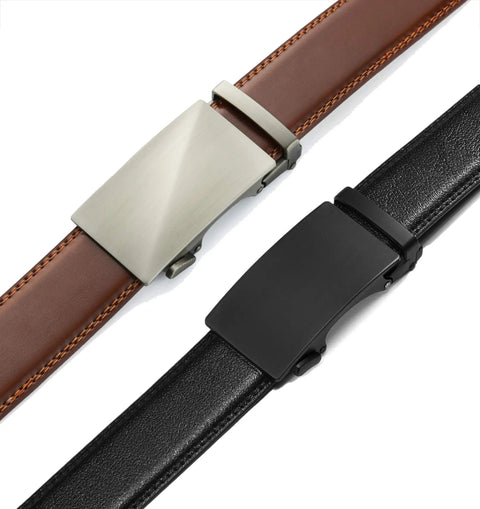 Two Men's Leather Ratchet Belt 2 Pack With Adjustable Fit And Removable Buckle 35mm Wide Slick Click System for dress and casual