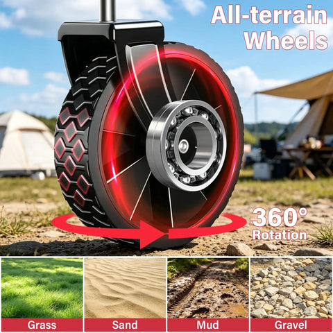 All Terrain Folding Wagon Cart Heavy Duty Collapsible Utility Wagon For Grocery Shopping Sports Camping Garden Outdoor Gear Black 330LBS Capacity Versatile Grab-And-Go Towing And Hauling For Tents Beach Gear And More, featuring all-terrain 360° rotating wheels on grass, sand, mud, and gravel.