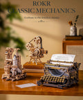 3D Wooden Puzzle for Adults Immersive 12 Hour Typewriter Model Kit on a table with other mechanical models