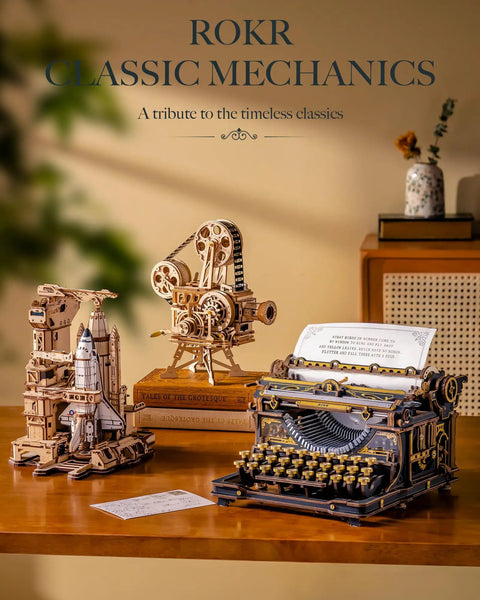 3D Wooden Puzzle for Adults Immersive 12 Hour Typewriter Model Kit on a table with other mechanical models