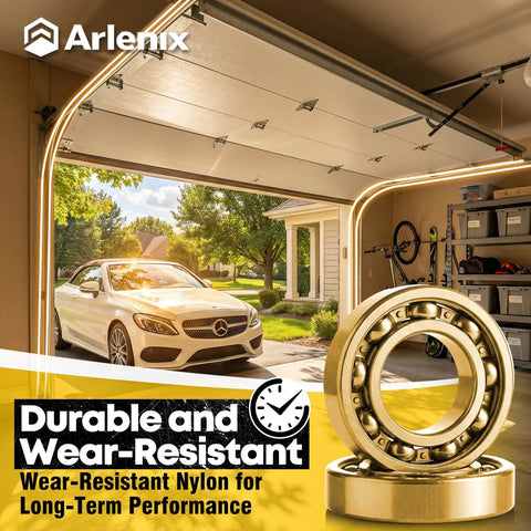 Open garage with a parked car, nylon garage door rollers displayed in foreground, showcasing durability and wear resistance.