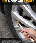 Person using Dual Head Air Chuck Set With Closed Ball Tire Chuck And One Quarter Inch NPT Quick Plug Pro Grade Heavy Duty Tire Inflation Kit For Air Compressor And Tire Gauge DIY Tire Filling Tool on car tire