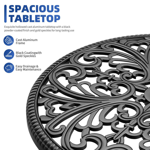 Close-up of cast aluminum outdoor side table with umbrella hole, showcasing ornate design and retro black finish