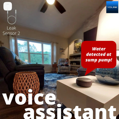 Living room with Smart Water Leak Sensor With One Quarter Mile LoRa Range 105dB Siren Two Year Battery Life No WiFi Needed Device To Device Pairing