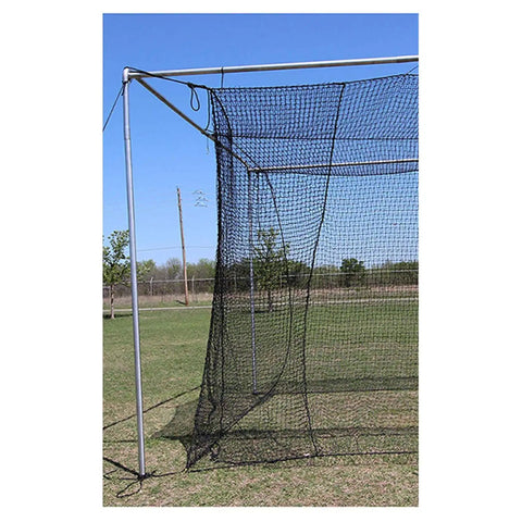Outdoor Twisted Poly Baseball Batting Cage Net With 4 Foot Access Door, Weather Resistant Heavy Duty Practice Net For Backyard Training, 40x12x10 Size, Size 24 Twisted Poly, Multicolor Netting, shown set up in a grassy field.