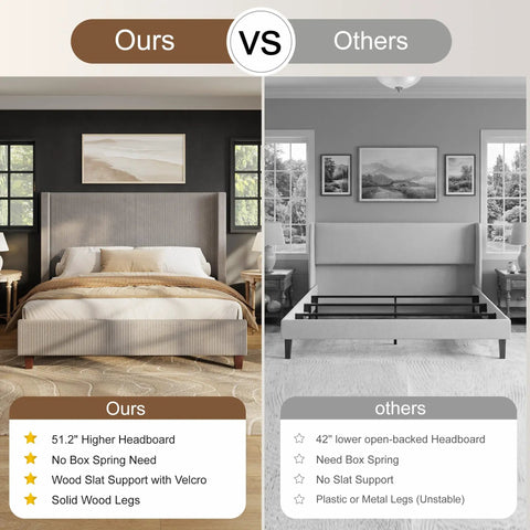 Comparison of Top Tier King Size Bed Frame Featuring Fifty Point Eight Inch Padded Corduroy Wingback Headboard against competitor's bed.