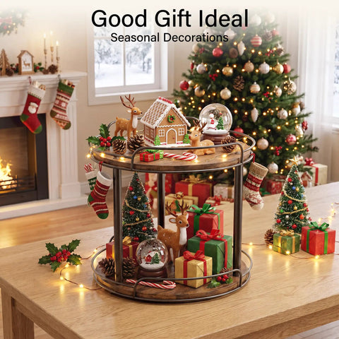 Dual Deck Lazy Susan Rotating Turntable Cabinet Organizer For Kitchen Spice Rack And Bulk Condiment Storage Rolls Super Smooth Ball Bearing Spin, decorated for holidays with gifts and ornaments.