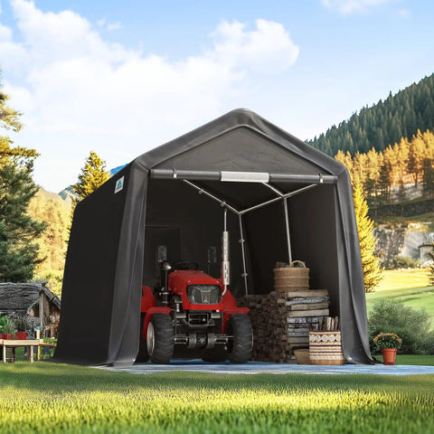 8x14 Ft Steel Peak Roof Portable Garage Shelter Carport For Motorcycle Or Bike And Garden Tools With Two Roll Up Doors And Vents