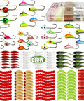 160 Piece Ice Fishing Jigs And Soft Worm Baits Kit With UV And Micro Glow For Walleye Crappie Panfish Trout All In One Winter Tackle Set For Ice Fishing Box Included, showing colorful jigs and baits with box.