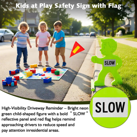 Kid Alert Street Safety Sign 31 Inch Green Caution Sign For Neighborhoods And Schools, Slow Down Kids At Play With Reflective Slow Sticker And Warning Flag, High Visibility Safety Sign displaying on sidewalk near playing children.