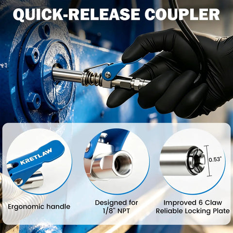 8 Piece Grease Gun Fittings Kit With 90 Degree Adapter Sleeves 18 Inch Flexible Hose Zerk Cleaner Tips and accessory shown in use