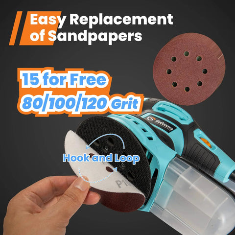 Powerful 360W 6 Speed Orbit Sander Kit with 5 Inch Random Orbital Sander and sandpaper replacement process.