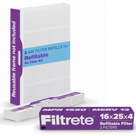 Filtrete 16x25x4 Refillable Air Filter replacement, MPR 1550, MERV 12, Allergen Bacteria & Virus, 2 Pack packaging