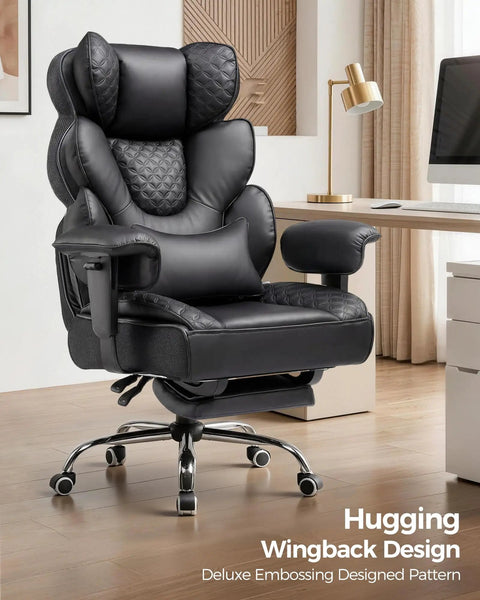 Big And Tall Office Chair With Upgrade Footrest For All Day Comfort shown in a modern office, with high back and dark upholstery.